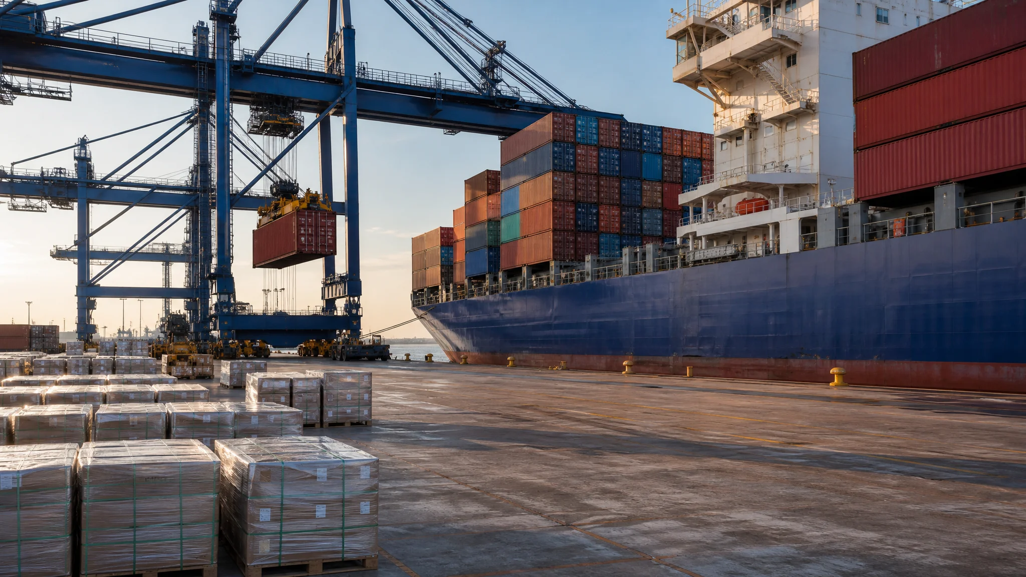 Containers being loaded at a port with pallets waiting on the quay