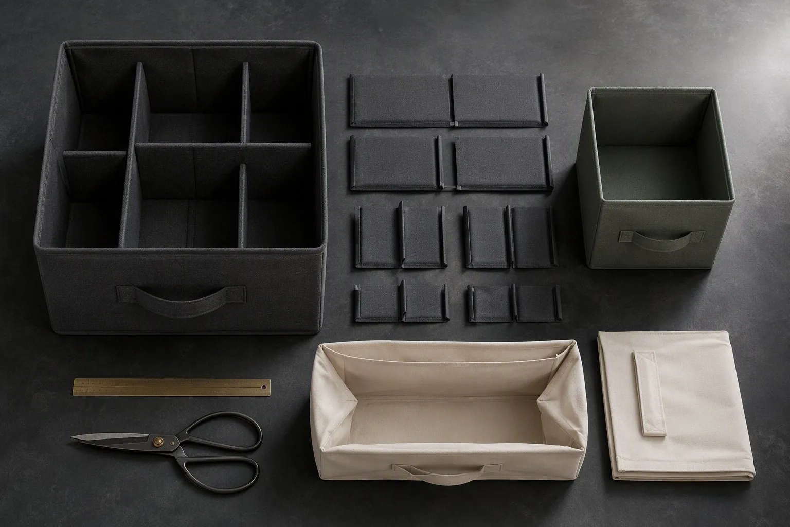 Modular storage system — large bin with removable dividers, nestable cube, foldable canvas bag