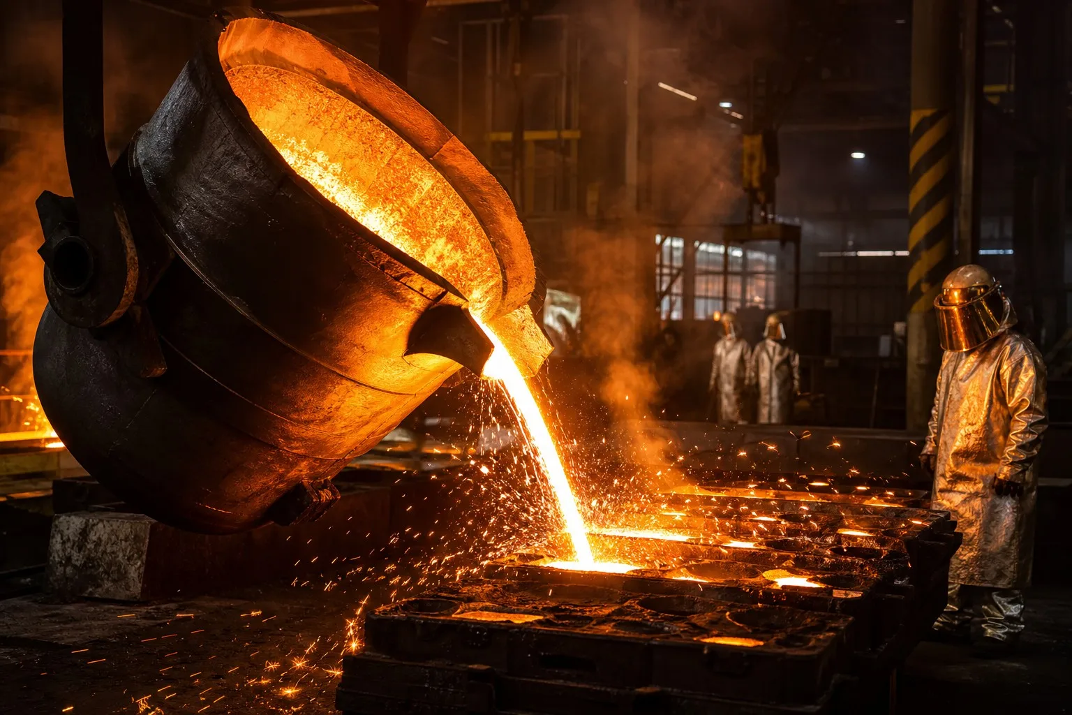 Molten steel pouring in foundry