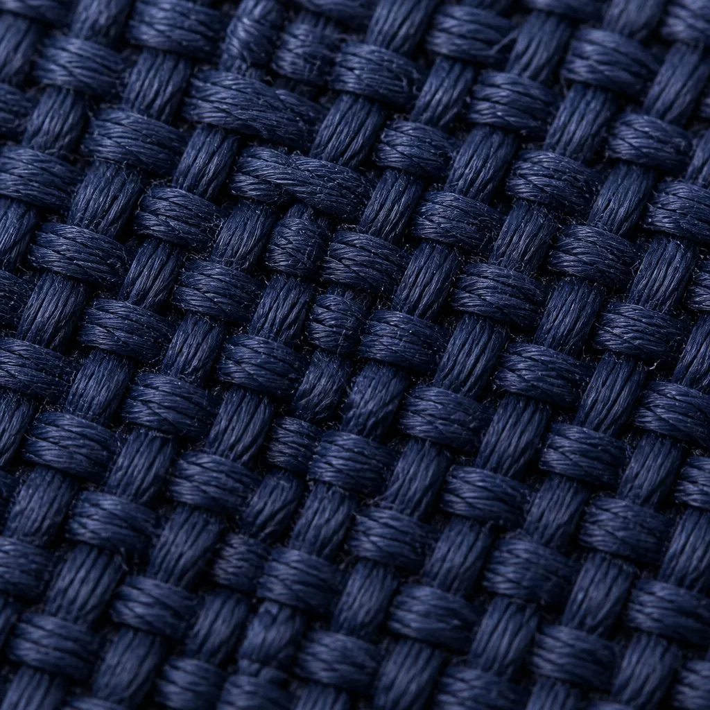 Extreme macro of dark navy polyester oxford showing the tight basket-weave yarn structure