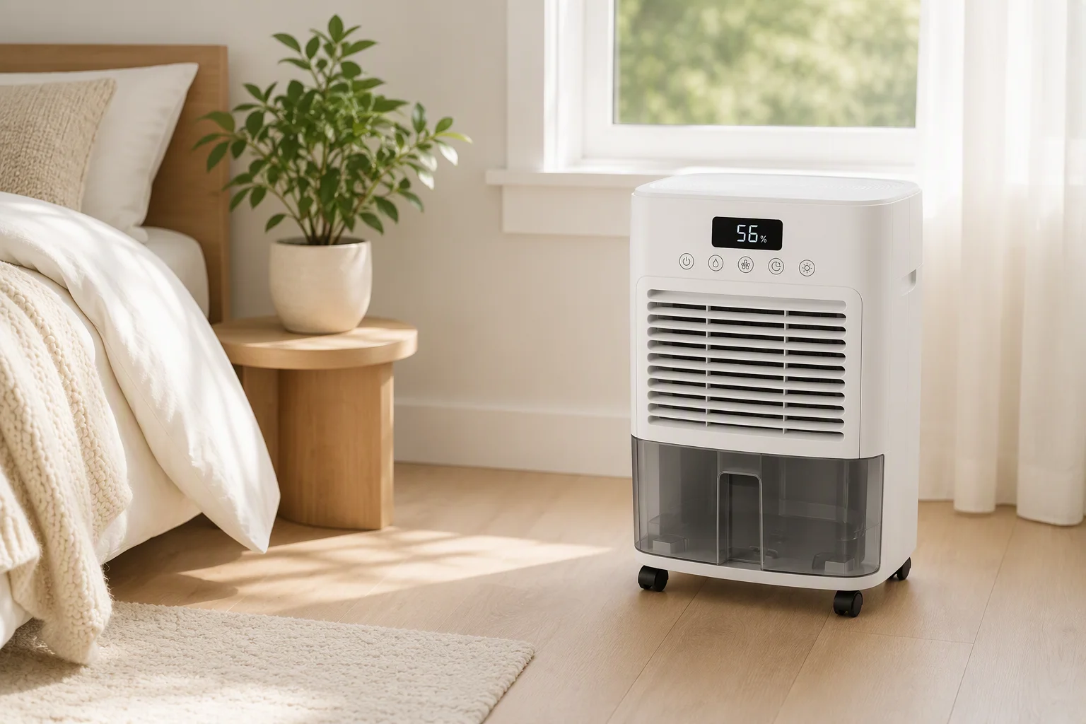 White dehumidifier standing by a window in a bright bedroom