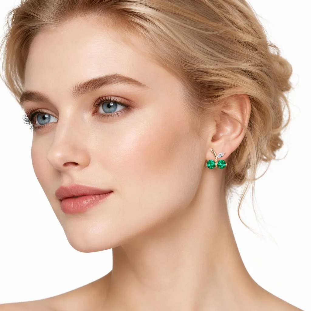Rose Gold Cherry Stud Earrings with Marquise Clear Stone Luxury Silver Jewelry for Wedding Engagement Anniversary Gift