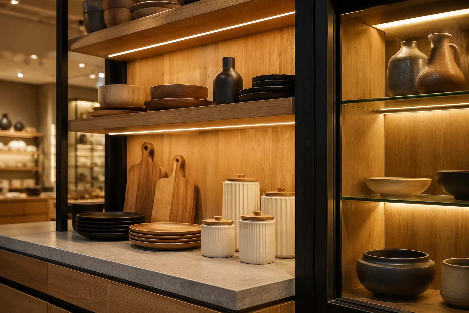 COB LED strip lighting under retail shelves and inside a display cabinet