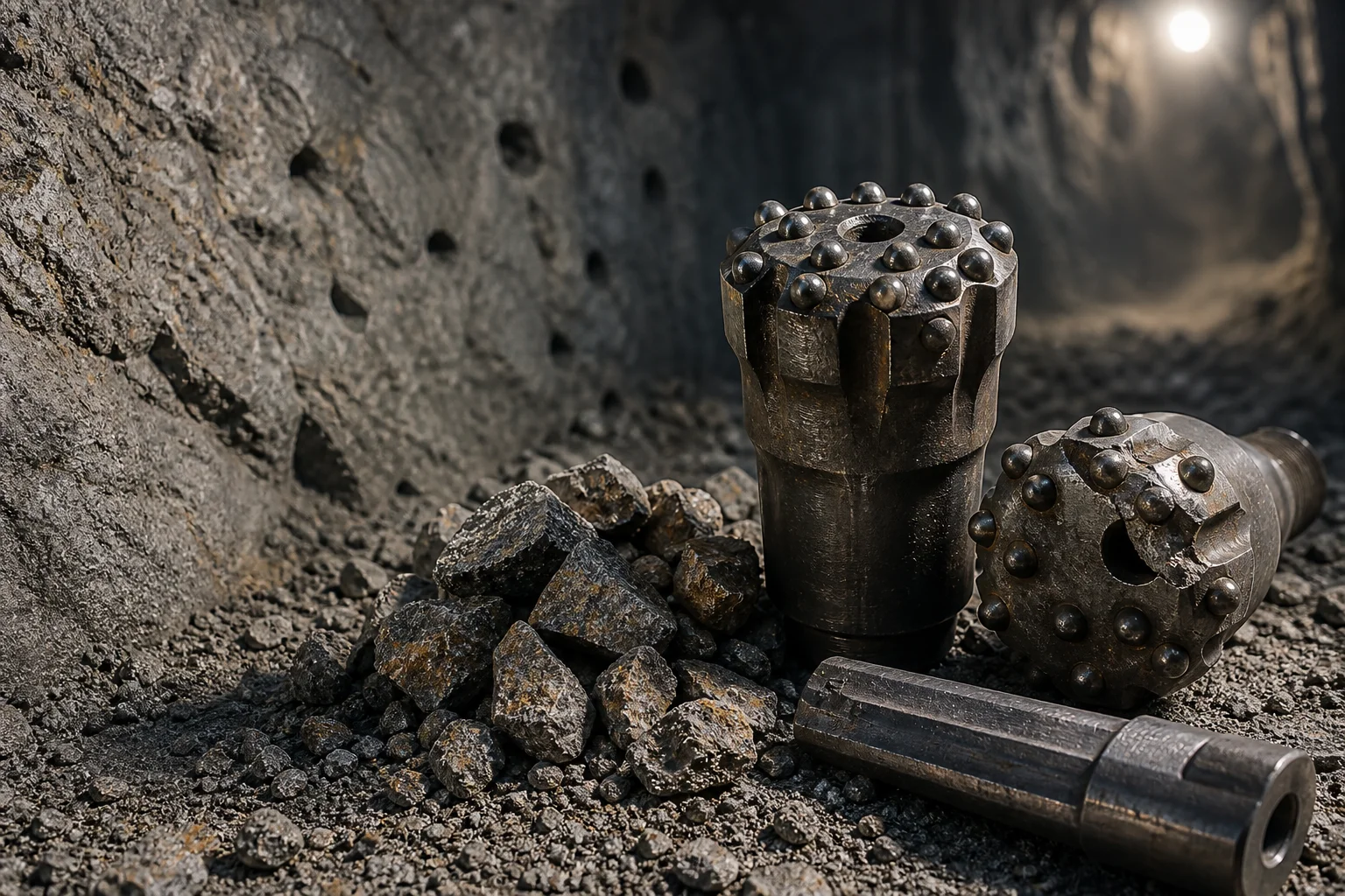 Hard-rock drilling consumables with a button-tipped rock drill bit beside broken granite aggregate and a worn bit