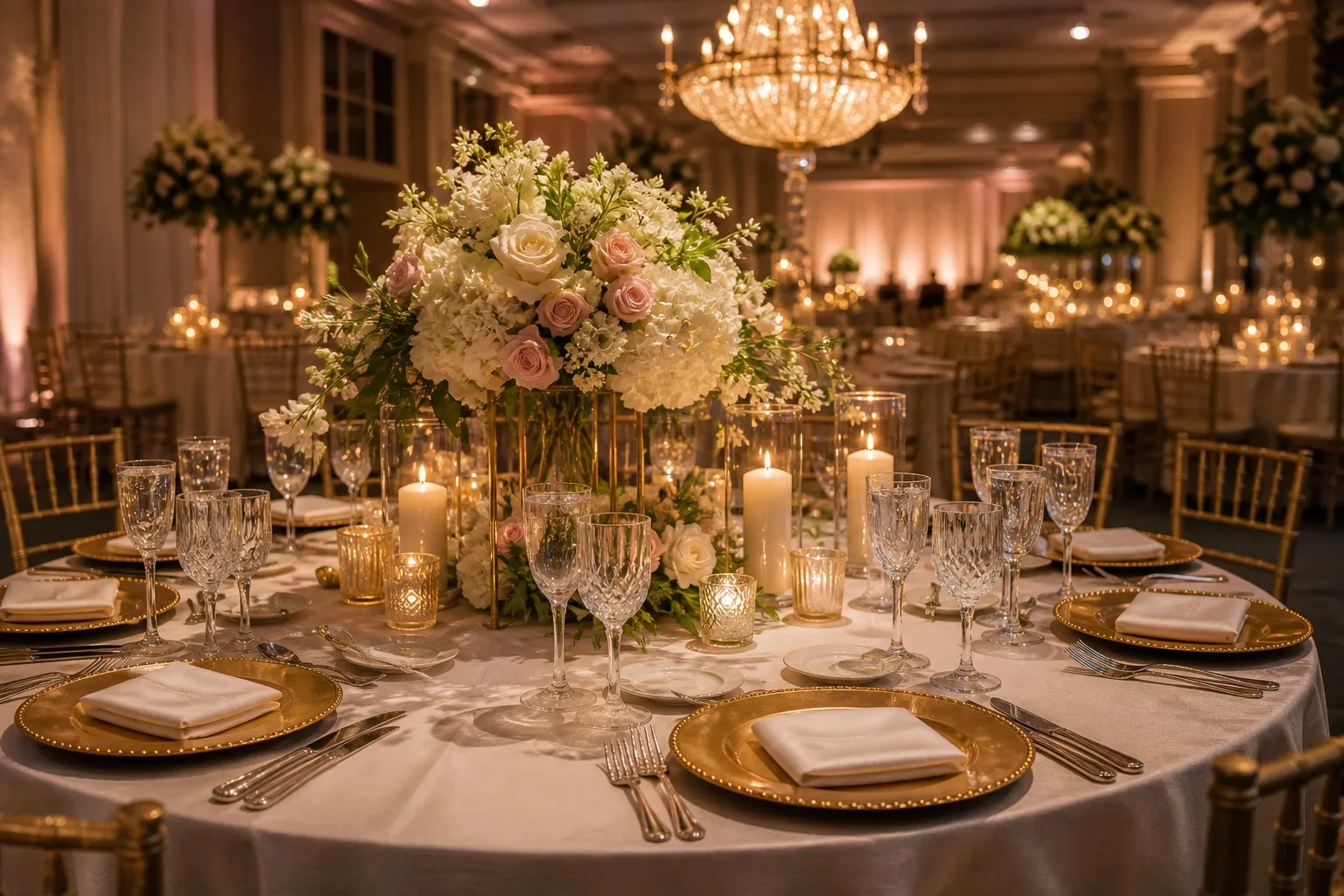 Elegante recepcion de boda con platos base dorados y centros de mesa florales