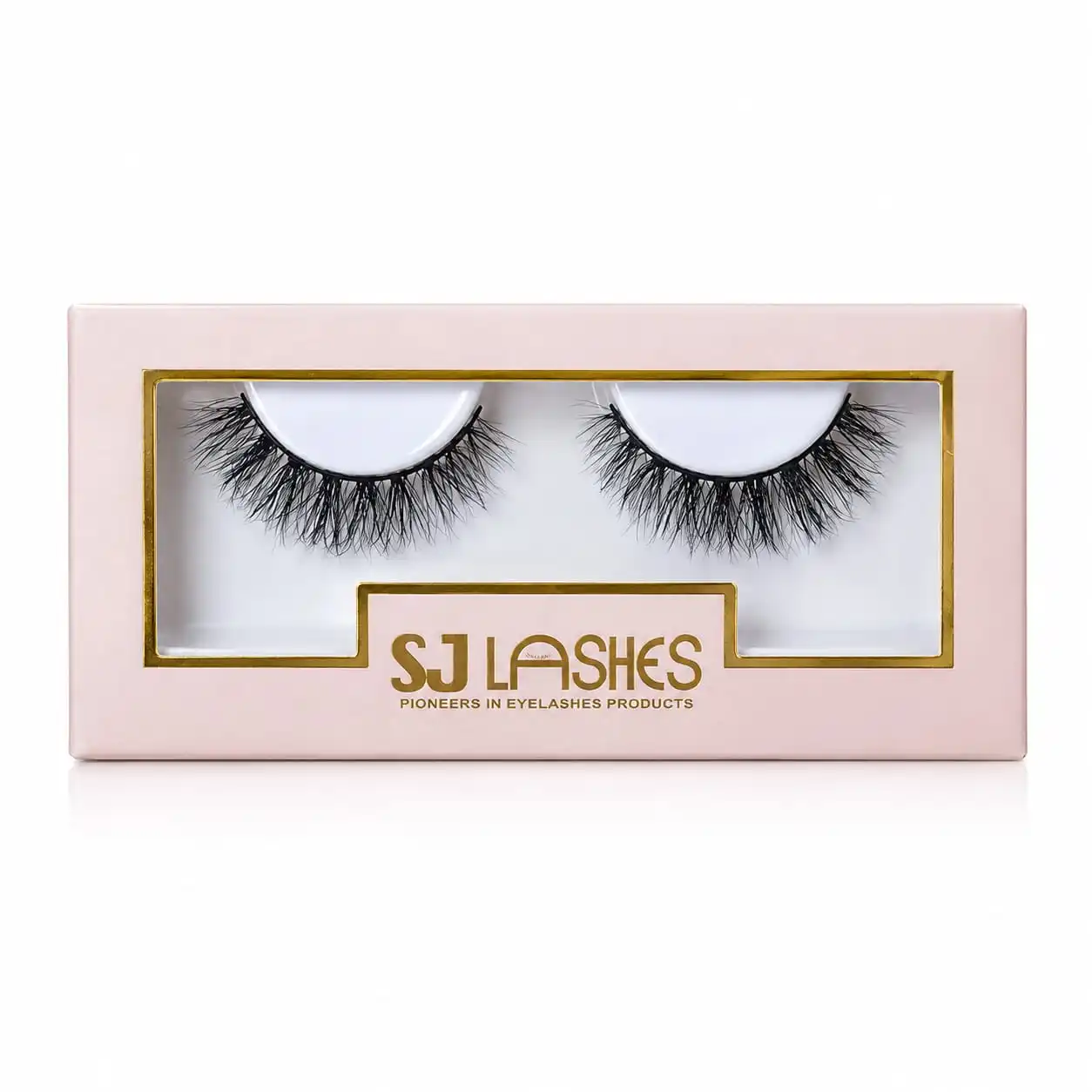 Nude pink single pair lash box with a gold foil frame that steps into a notch around the logo, window showing two lashes - foil stamped paper box