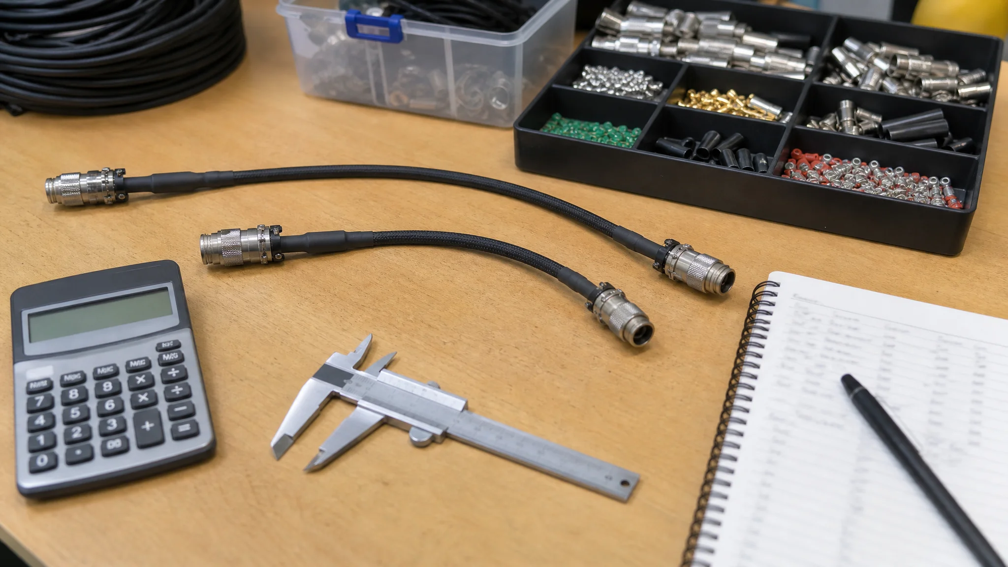 Two cable assemblies with a calculator, caliper and connector tray on a workbench