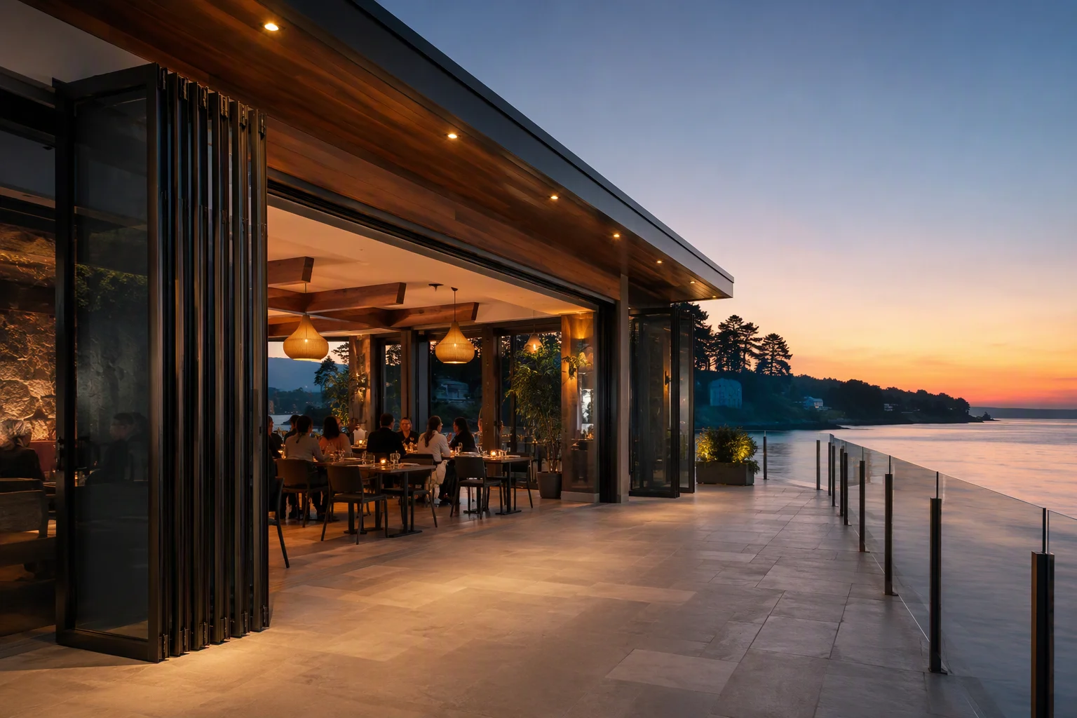 Top Hung Aluminium Stacking Door System Glass Pavilion Lakeside Dusk Richocean Foshan Stacking Doors Manufacturer China Foshan Factory Price Top Hung Telescoping Multi-Panel Track