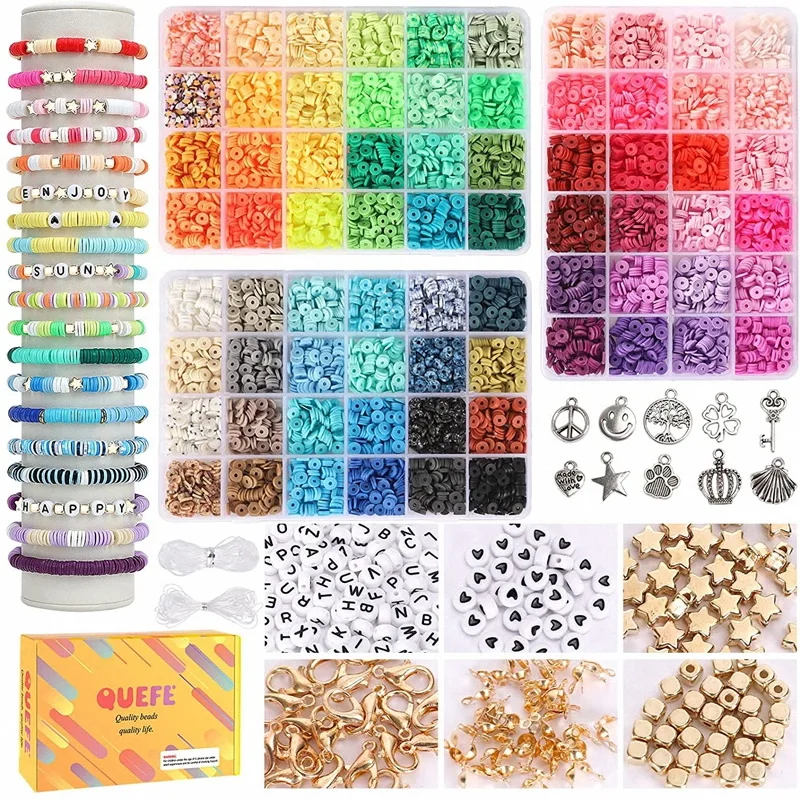 

9000pcs Heishi Clay Beads 6mm Flat Round Polymer Clay Spacer Bead with Pendant Charm Craft Kit for Women Bracelet Jewelry Making