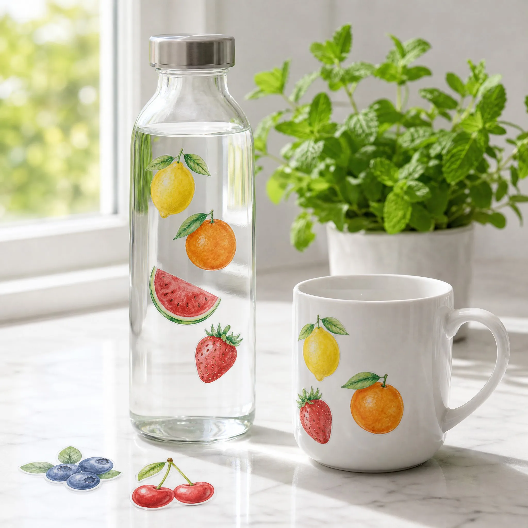 Clear stickers applied on a glass water bottle and mug in a bright kitchen