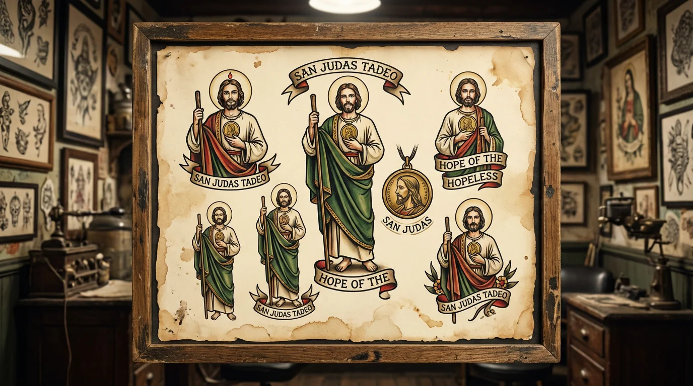 San Judas tattoo flash sheet traditional
