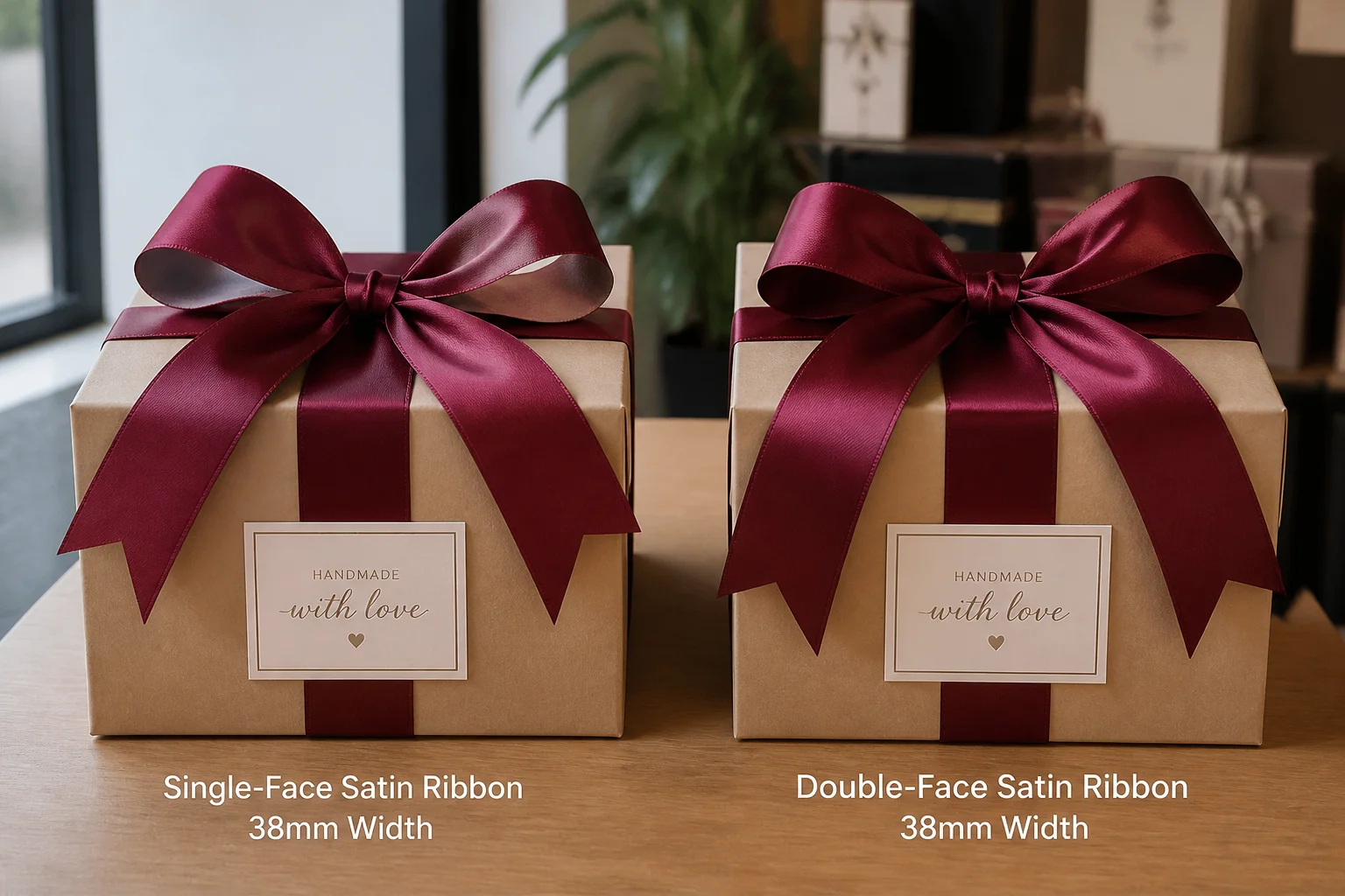 Side-by-side comparison of gift boxes tied with single-face and double-face satin ribbon bows