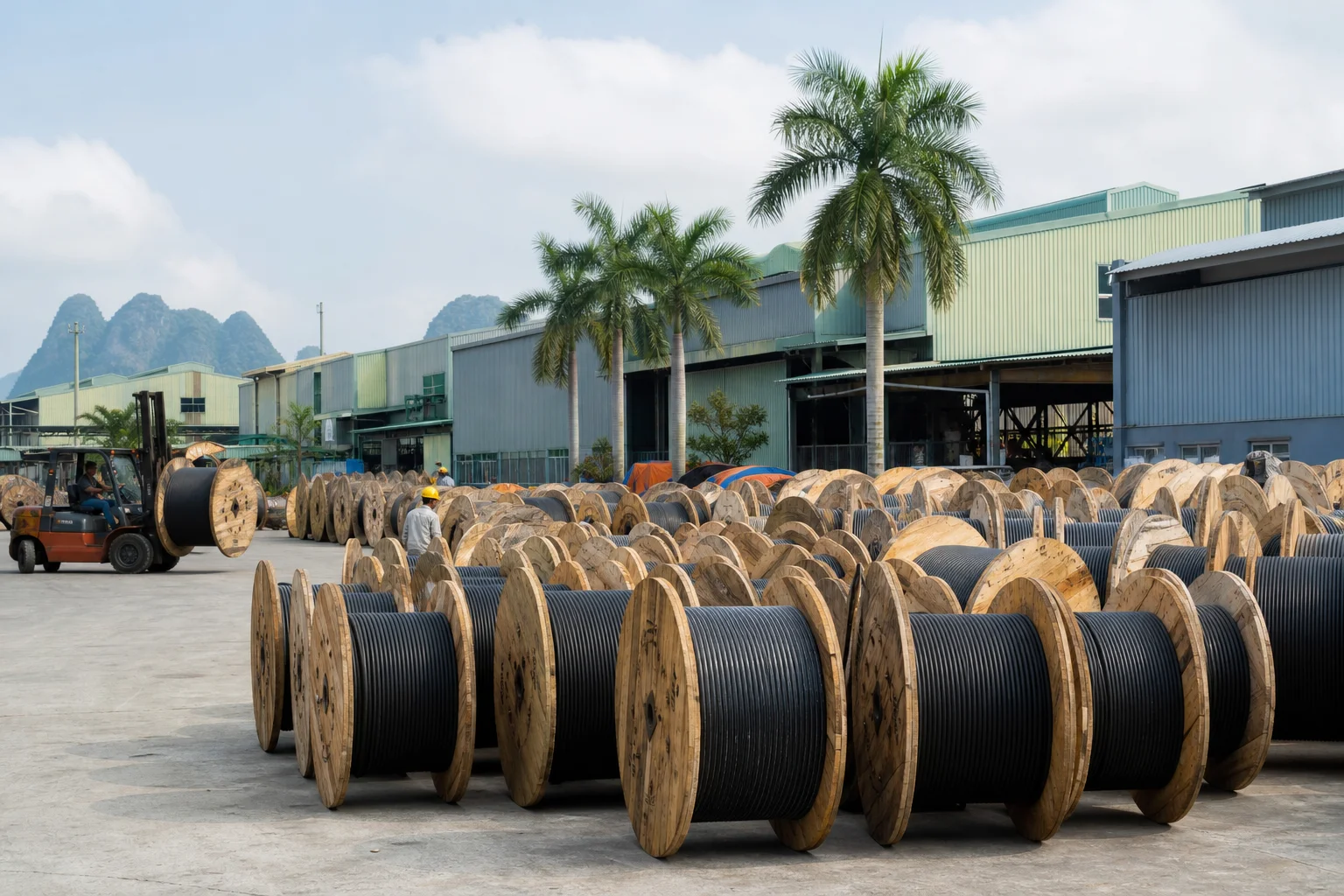Cable factory yard in Vietnam with rows of wooden cable drums