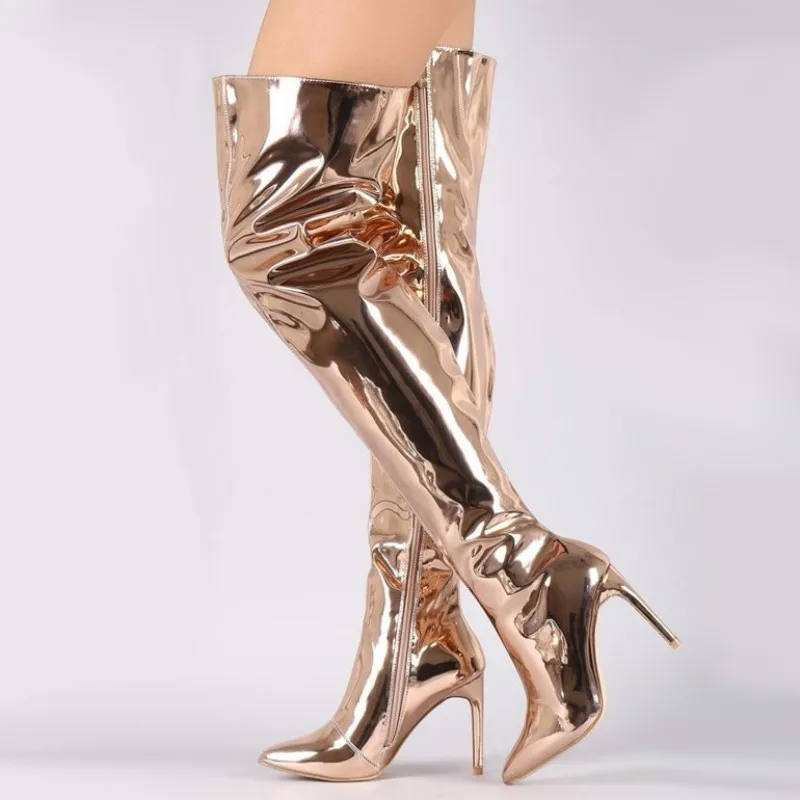 

Banquet Botas 2022 Metallic Stripper Shoes Women Patent Leather Pointed Toe Stiletto Heels Over The Knee Thigh High Boots PU
