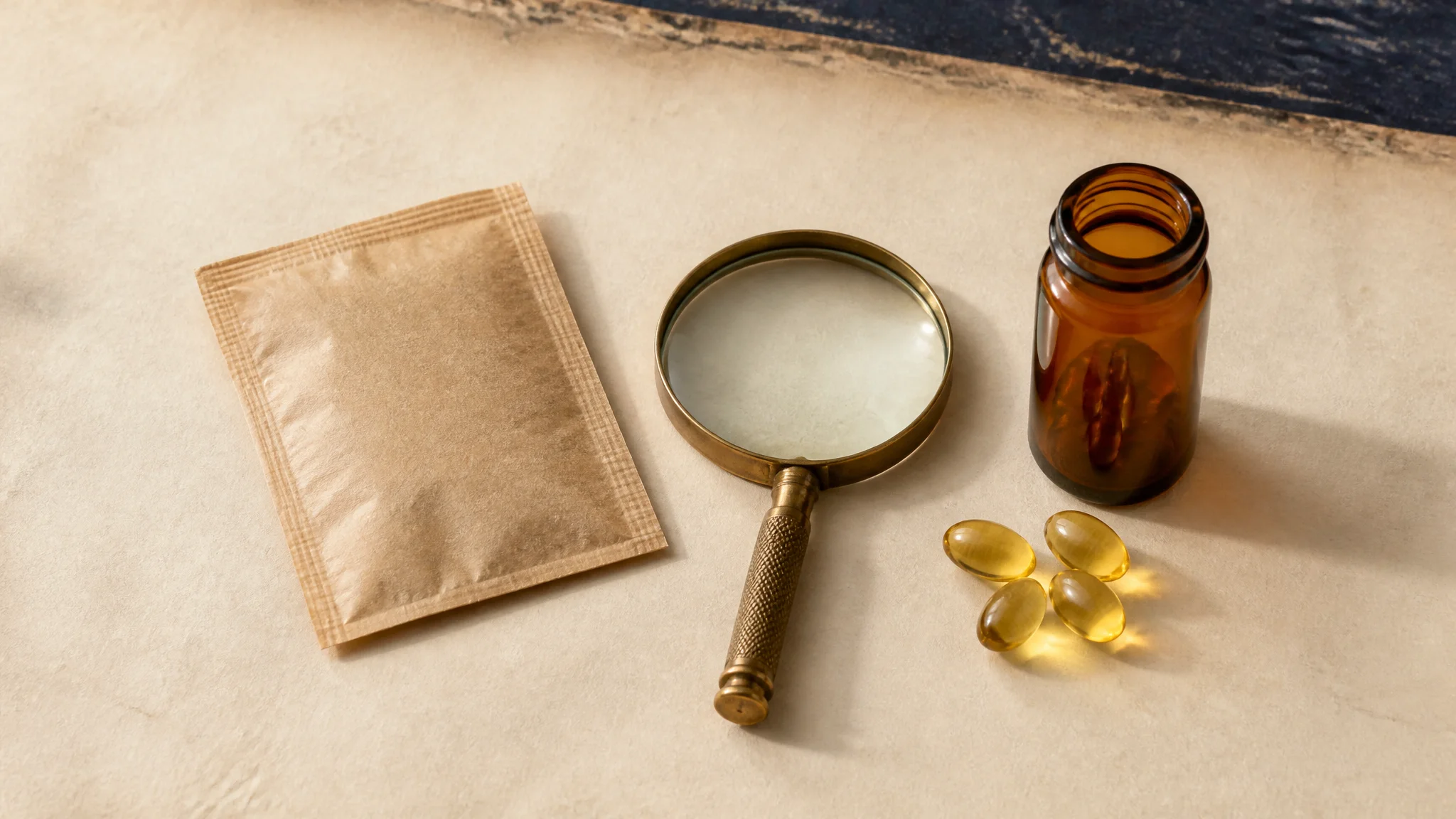 unlabeled kraft tea sachet amber vial unbranded softgels parchment magnifying glass still life