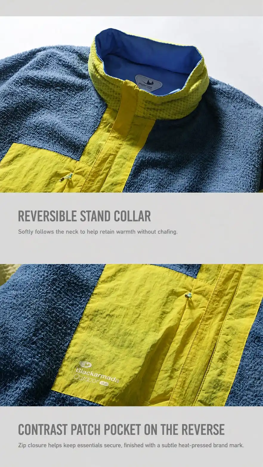 Reversible stand collar and contrast patch pocket on the reverse