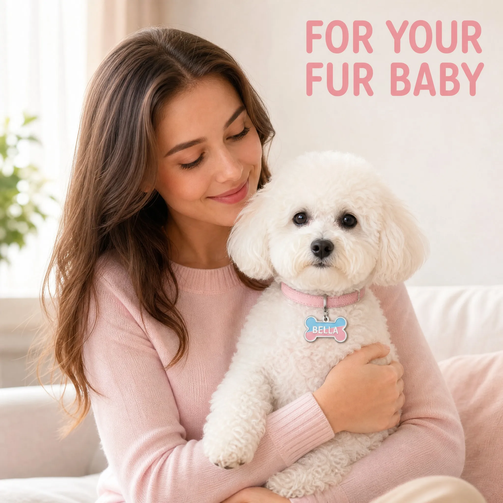 Young woman holding a white dog wearing the enamel tag - Lifestyle