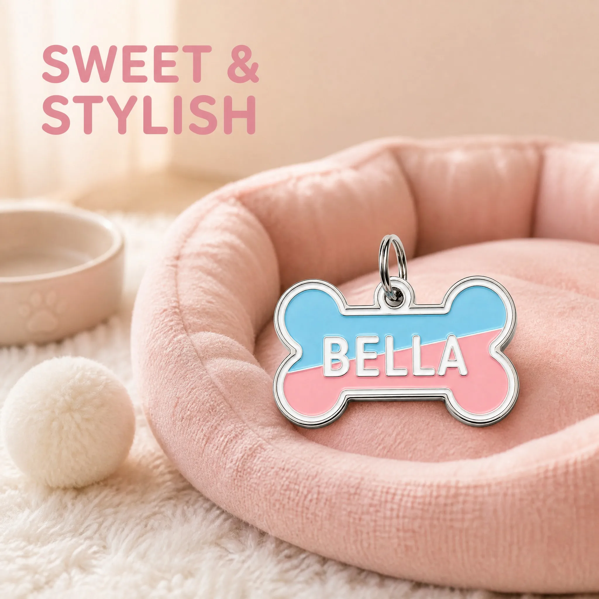 Enamel dog tag resting on a plush pink pet bed at home