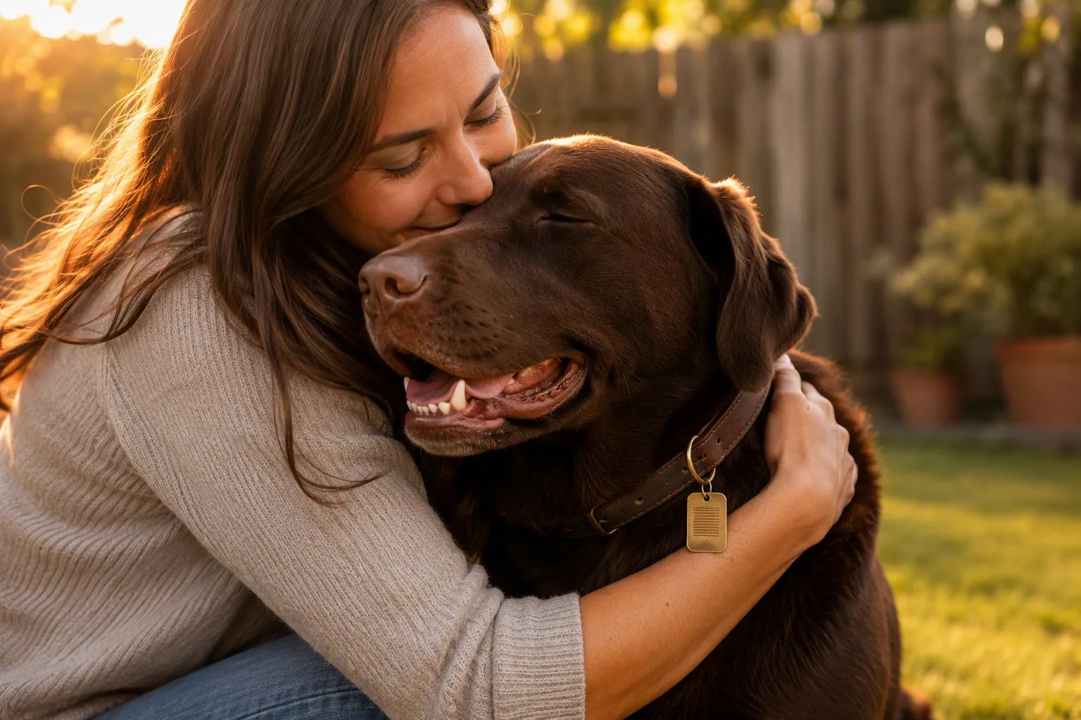 Happy reunion with Labrador wearing antique brass pet tag