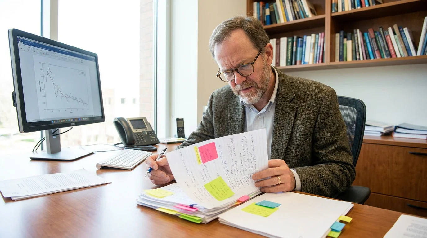 Researcher reviewing manuscript with reviewer comments