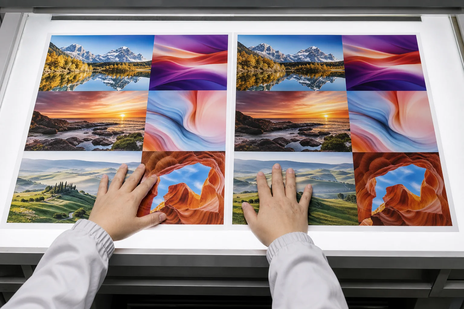 Magazine Printing Sample Comparison Press operator comparing two printed magazine sheets on an inspection table - magazine printing sample check