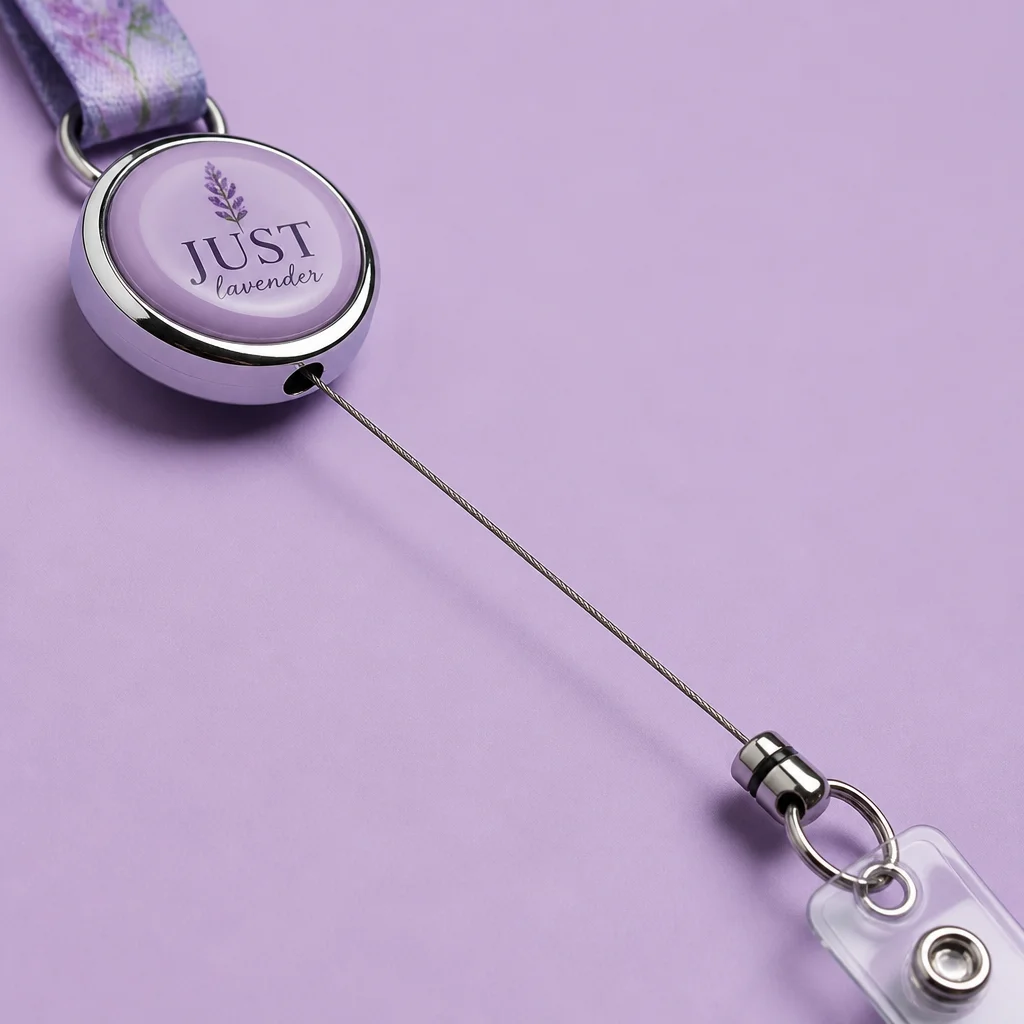 Retractable Badge Reel Cord Extension & Metal Bezel Macro Detail