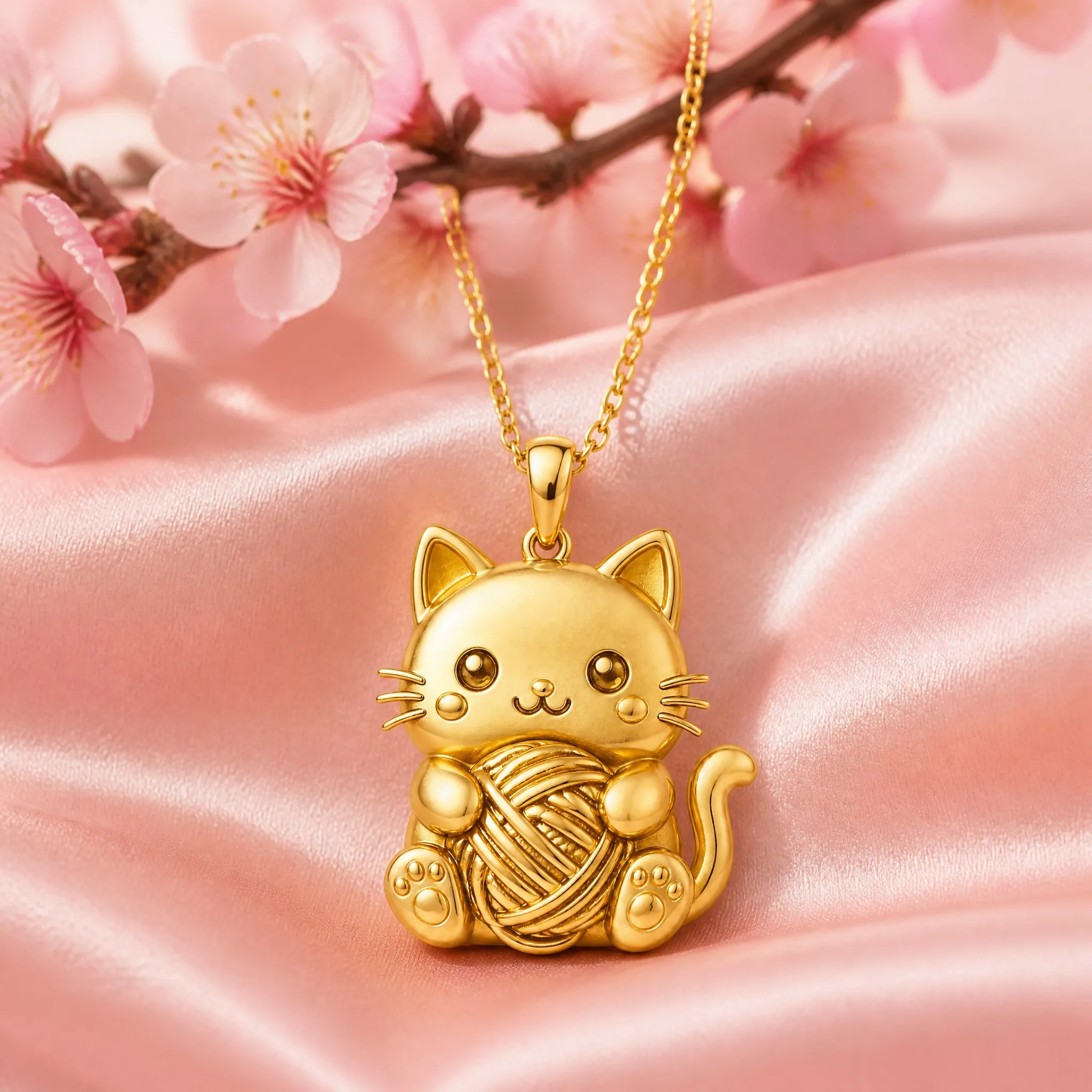 Cat pendant necklace styled on pink satin with cherry blossoms