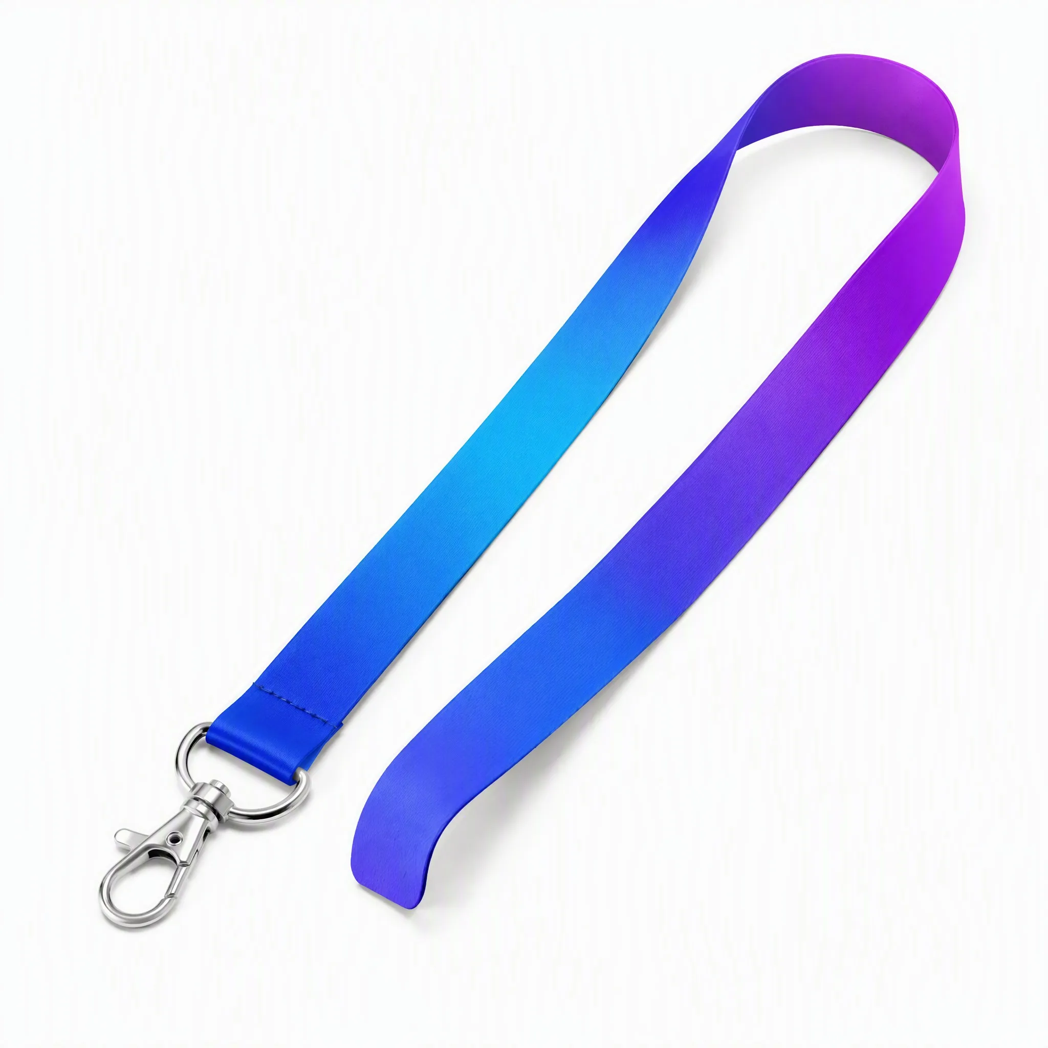 Custom dye sublimation lanyard with blue-purple gradient and metal clip on pure white background