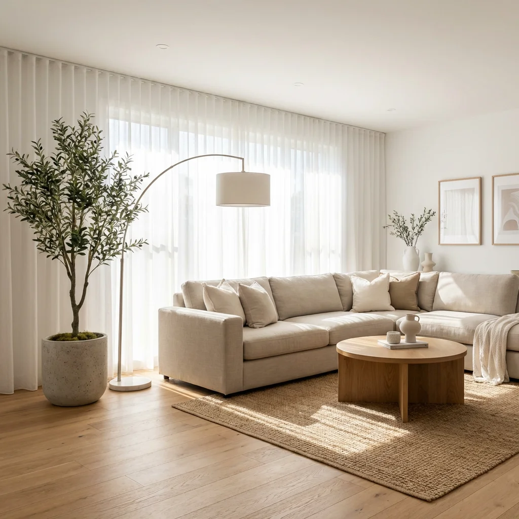 faux olive tree in modern Mediterranean living room 2026