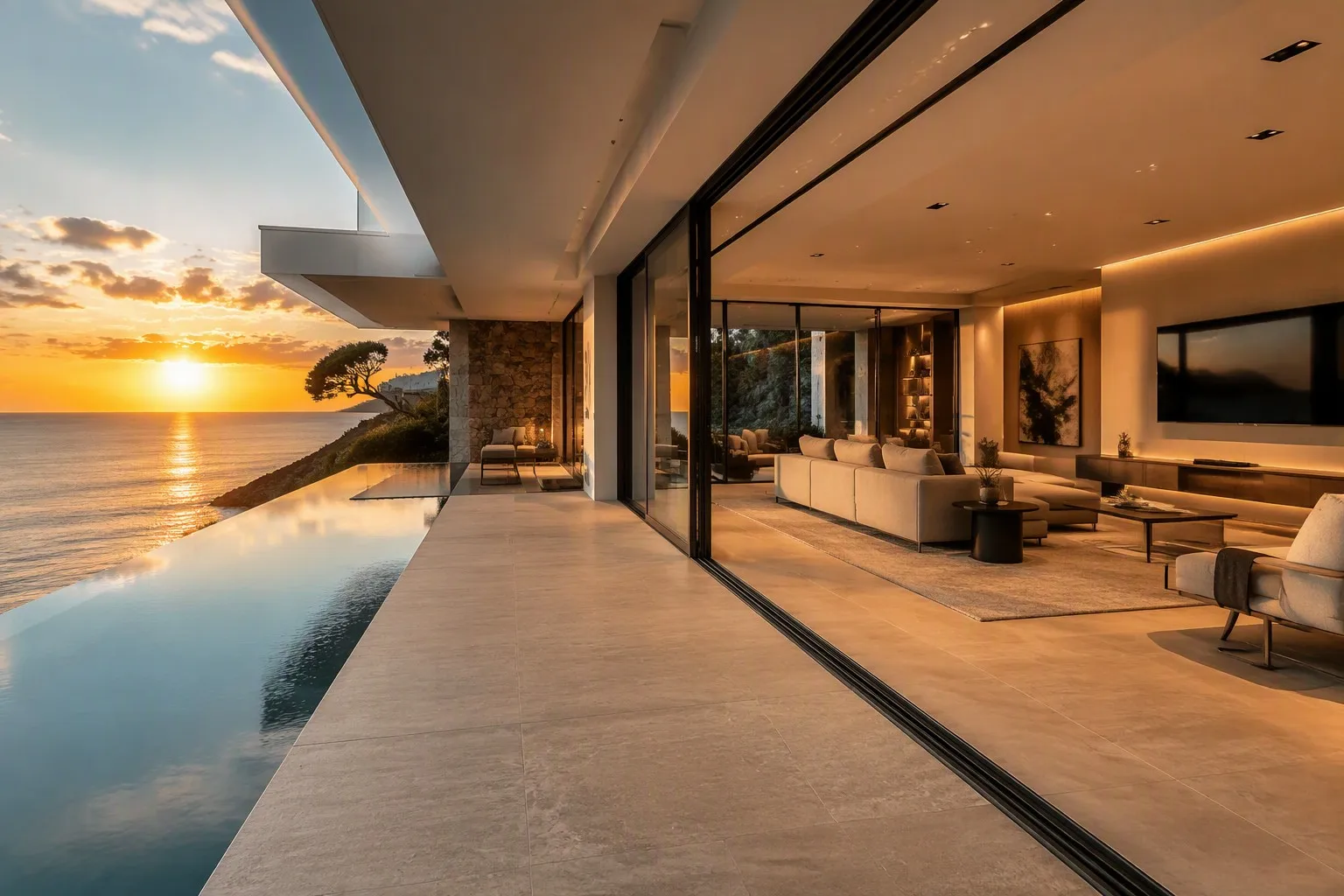 Waterfront villa with floor-to-ceiling aluminum sliding doors infinity pool ocean sunset