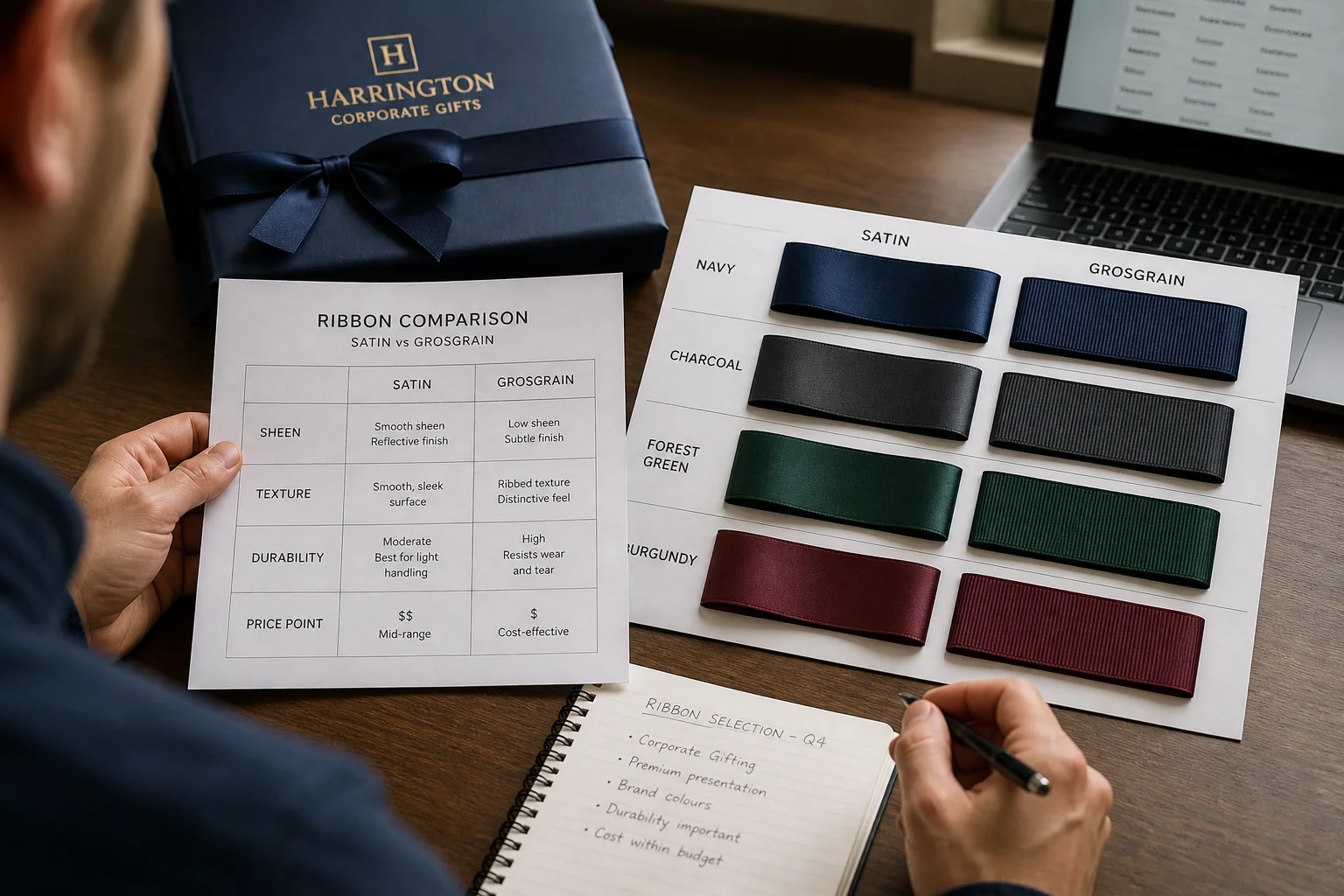 Corporate ribbon procurement comparison swatches satin and grosgrain side by side evaluation