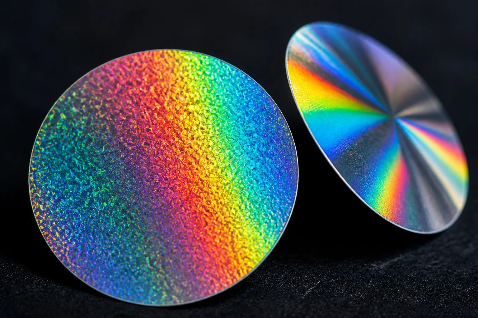 Holographic sticker material close-up prismatic rainbow color shift