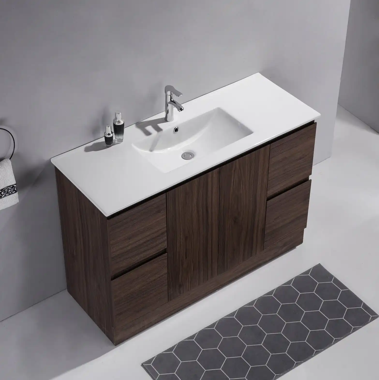 Large Walnut PVC Vanity Model 63-2 SJ-GX-D1200 1210mm Ceramic Top View large-walnut-pvc-vanity-d1200-countertop