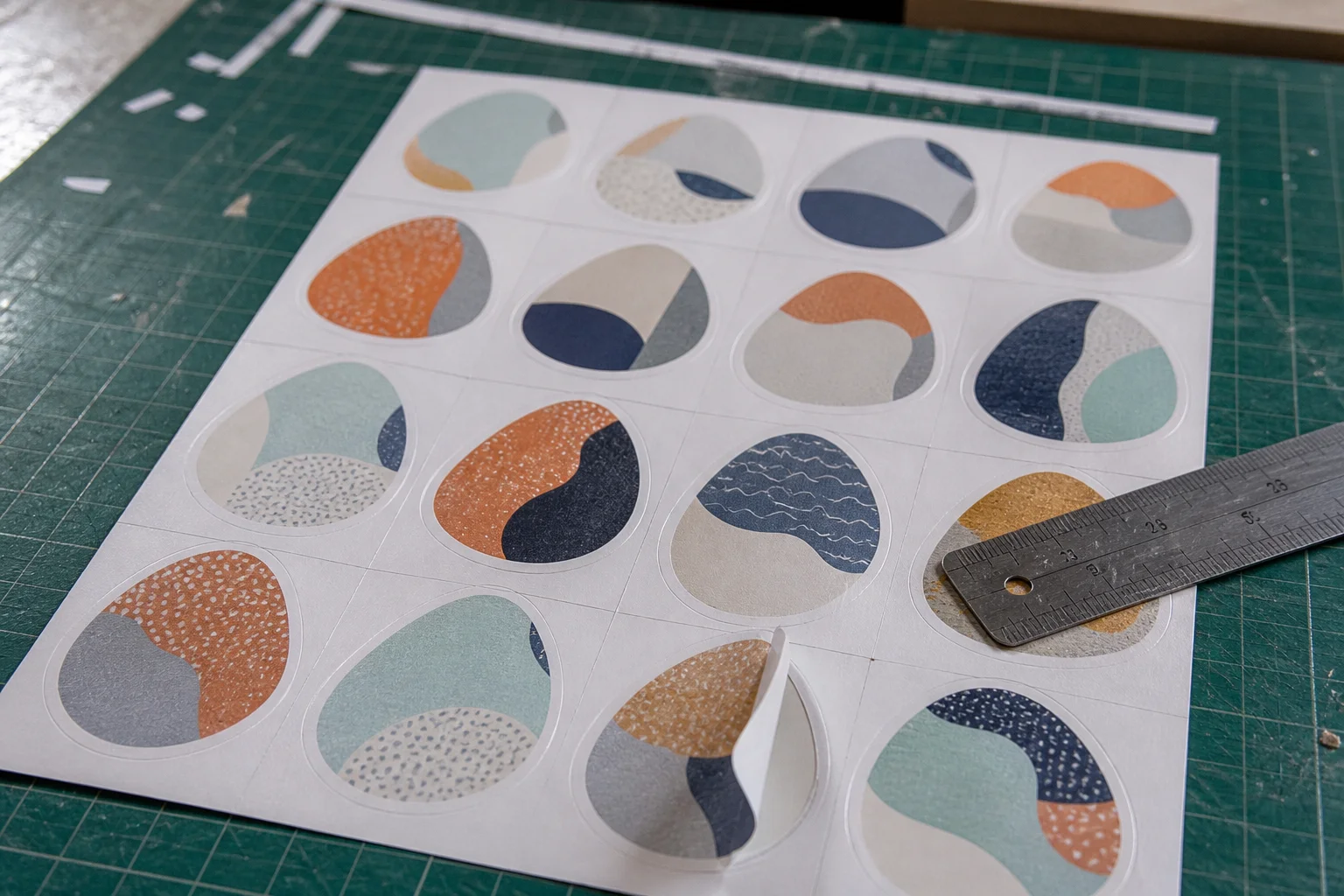 Close-up of a printed sticker sheet showing layout spacing and kiss cut lines