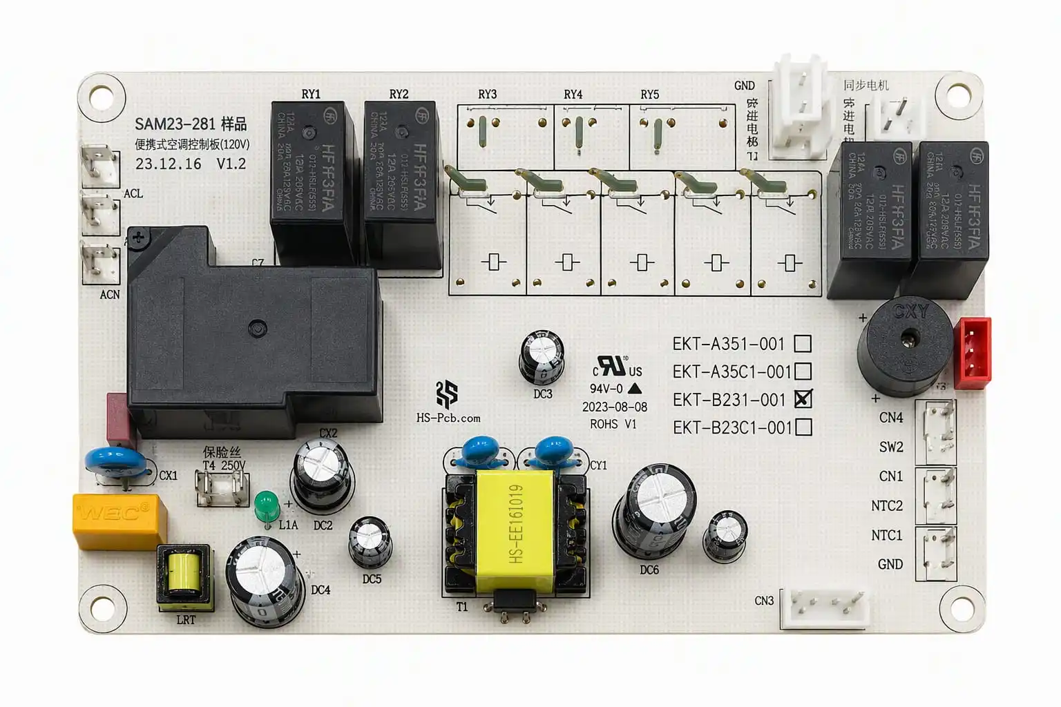 120V household portable AC PCBA control board with six relays, NTC and water-level connectors