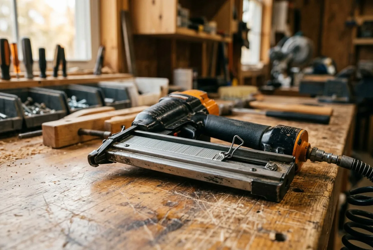 Pneumatic staple gun jammed with bent collated staple on workbench