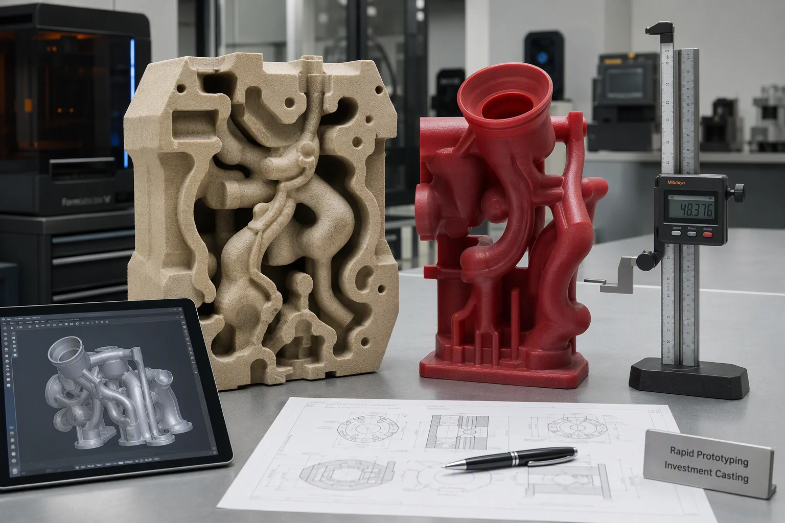 Modern additive manufacturing and rapid prototyping foundry laboratory with 3D printers and CAD