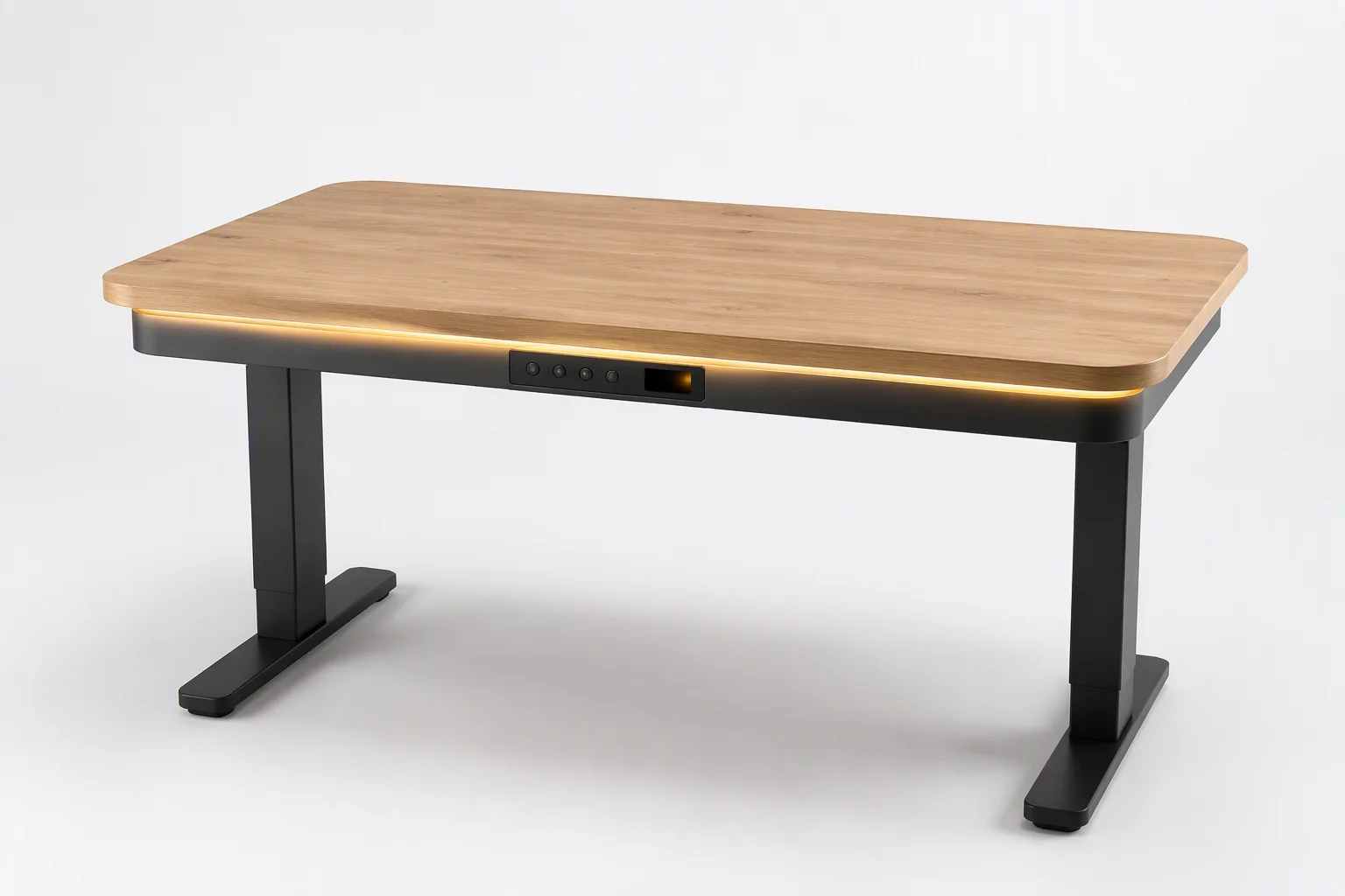 Electric lifting heating dining table with oak top, front-edge control panel and warm under-tabletop glow
