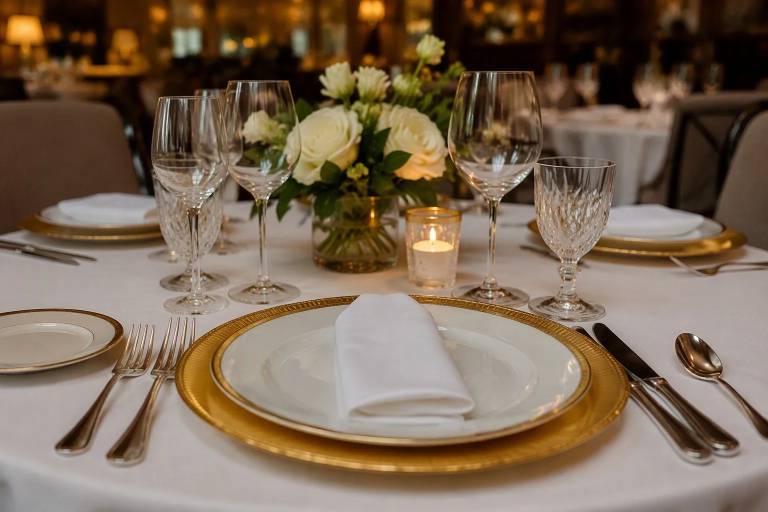Elegant restaurant table setting with gold charger plates and crystal glassware