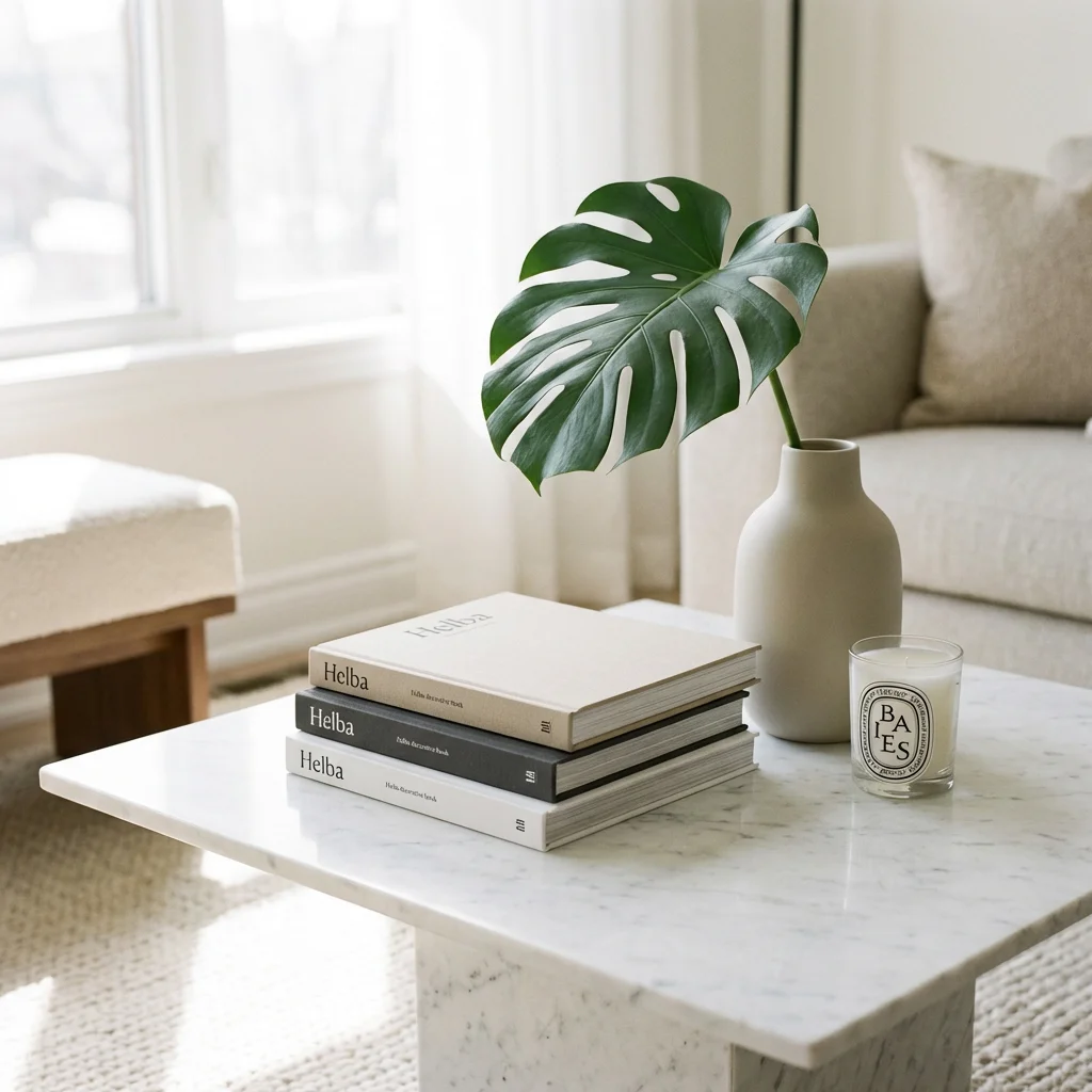 Minimalist coffee table styling with Helba books