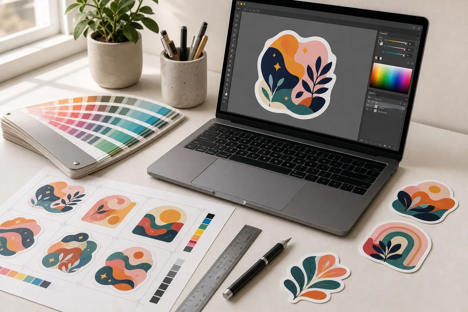 Custom sticker design workspace with CMYK setup and proof sheets