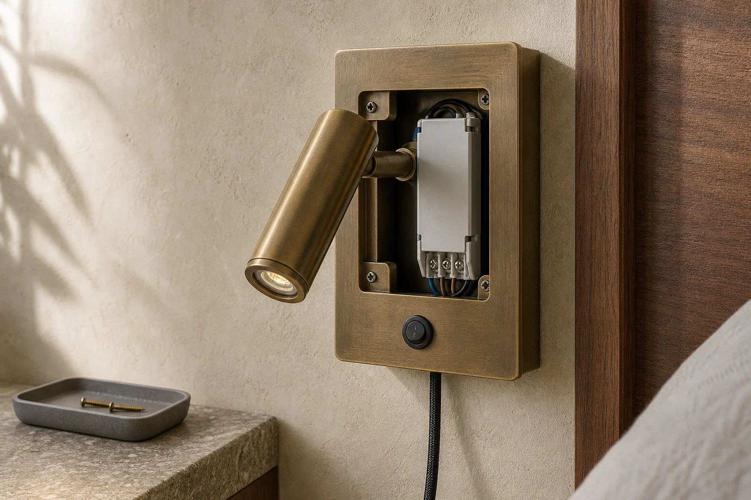 Wall-mounted hotel bedside reading light with its access plate removed, showing the LED driver