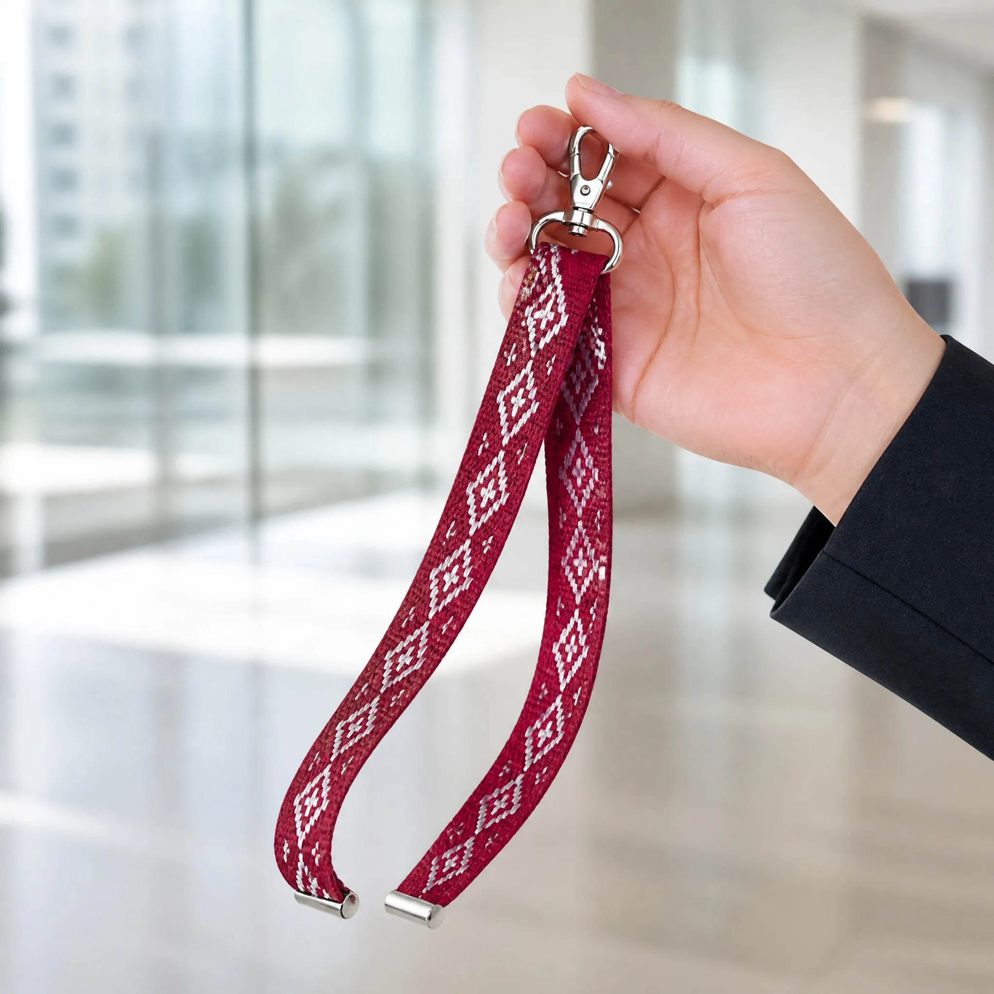 Hand holding custom woven lanyard by the metal swivel clip in a modern office