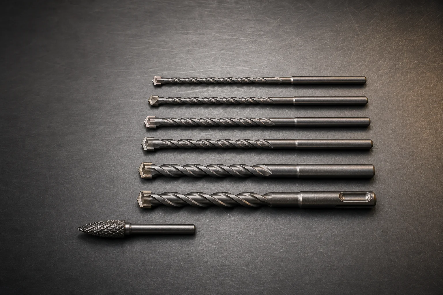 Carbide-tipped drill bits and a rotary burr arranged in a row