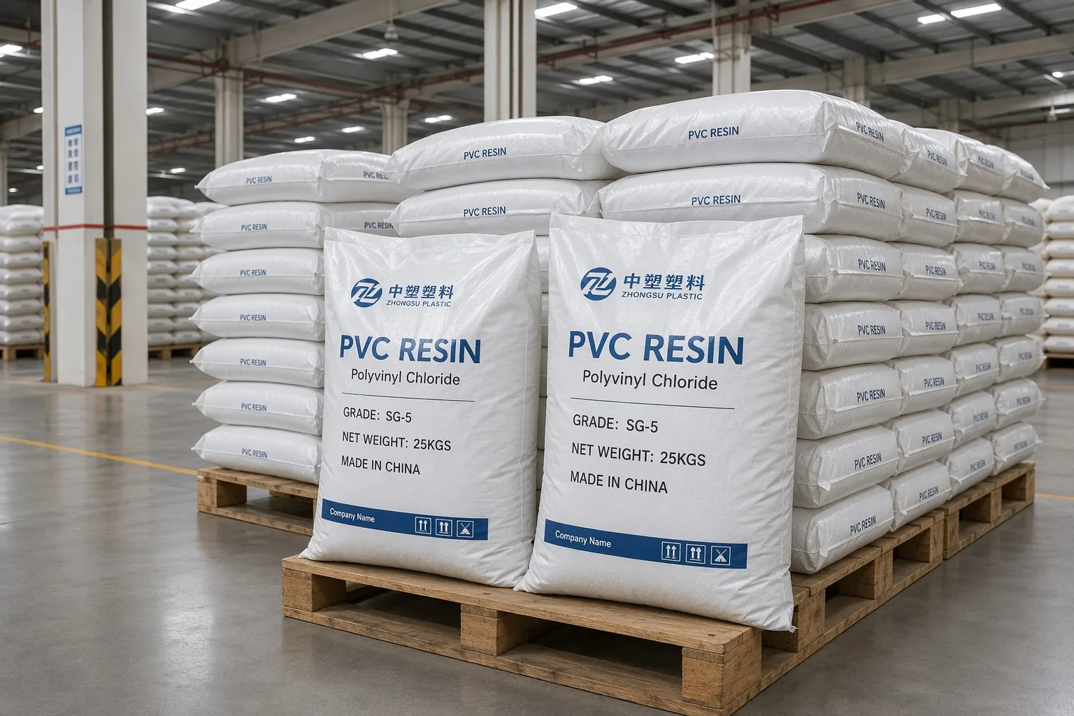 PVC resin 25kg PP woven bags on pallets