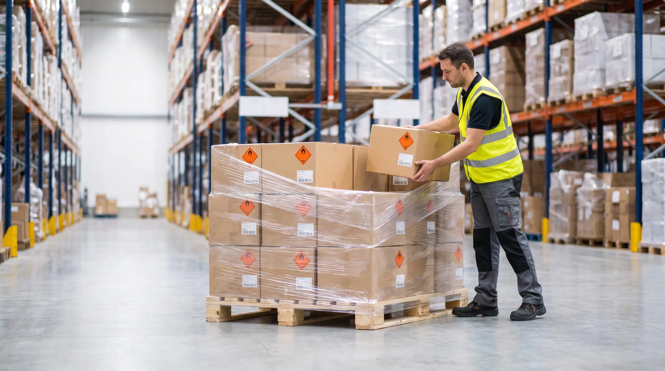 Cartons of battery products stacked on a pallet ready for international shipment