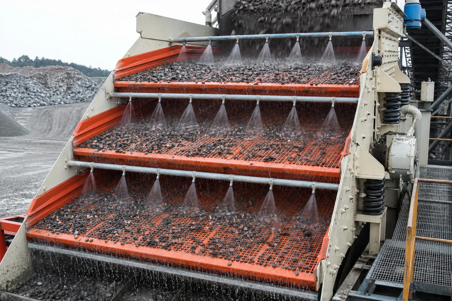 Industrial inclined vibrating screen with polyurethane deck classifying washed damp aggregate Sanming Machinery
