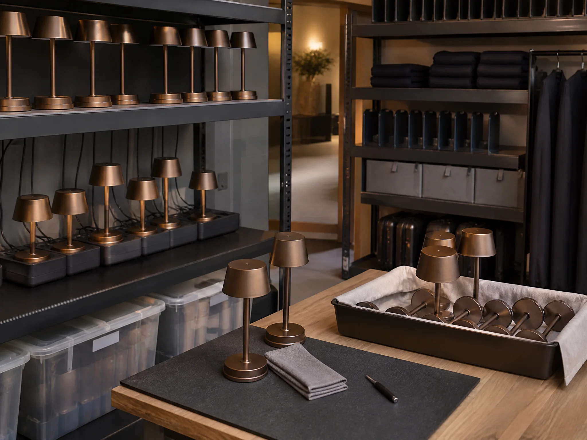Commercial cordless lamp charging and storage workflow for hotel and restaurant
