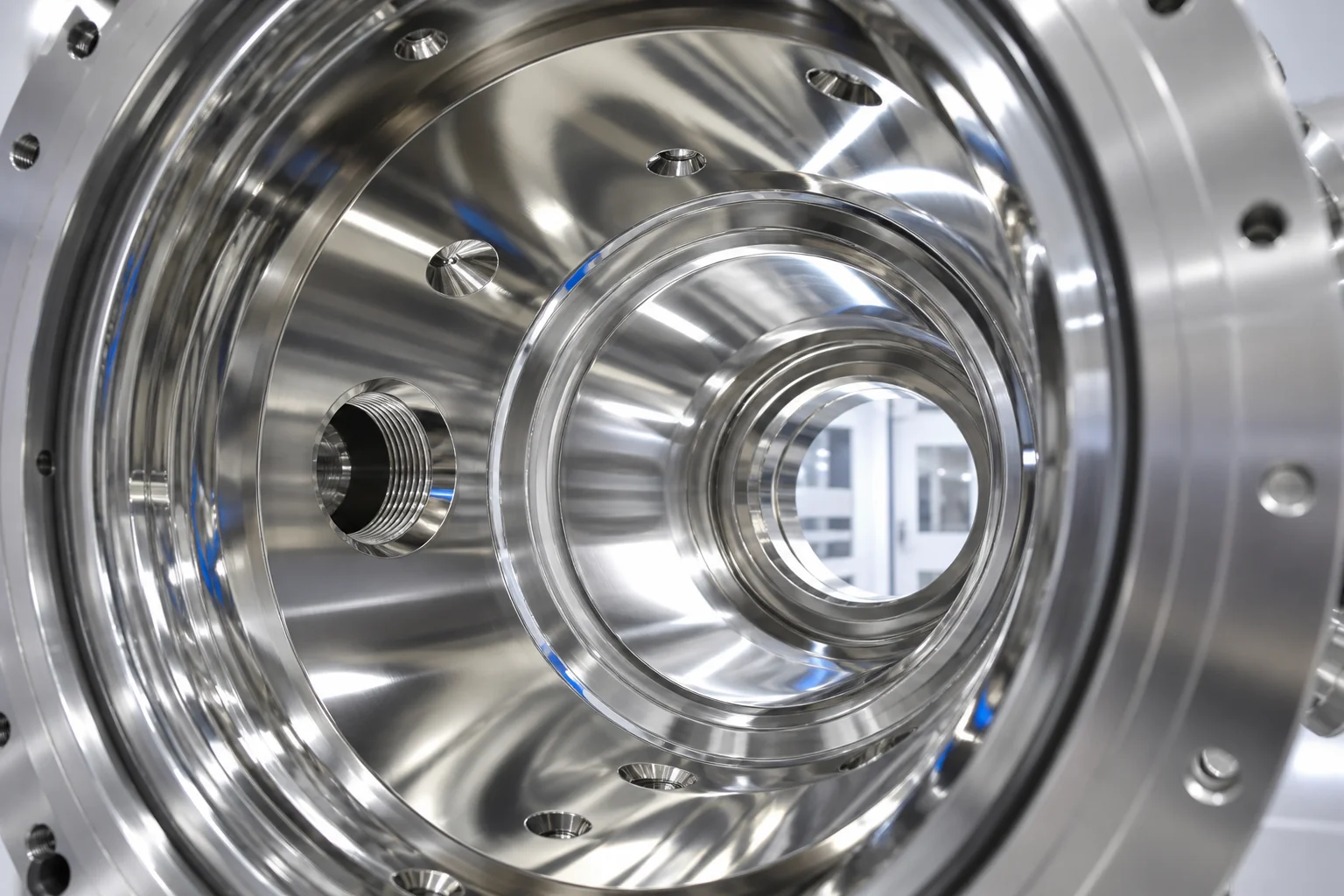 Close-up macro view looking into pristine mirror-like electro-polished internal bore of vacuum chamber