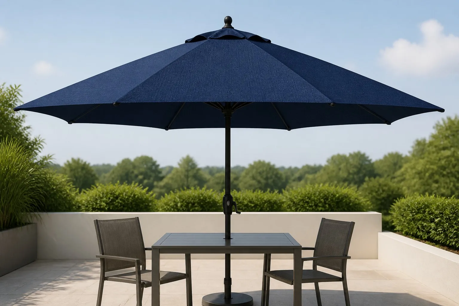 Deep navy oxford umbrella canopy open above a patio table with natural shadow play on the fabric